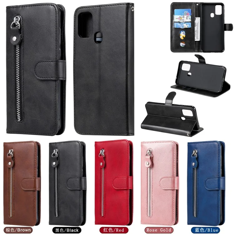 Zipper Pocket Leather Wallet Stand Case for Samsung Galaxy M31 - Black