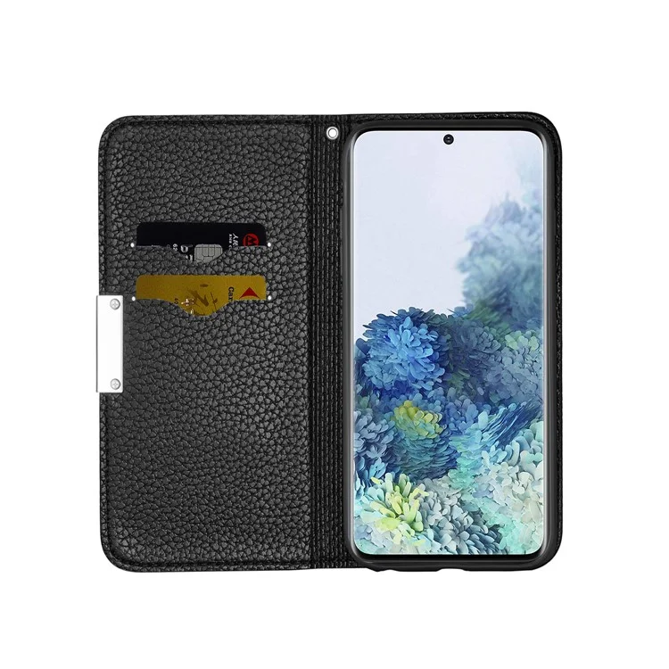 Retro -hülle Litchi Skin Lederstand Cover Mit Kartenschlitzen Für Samsung Galaxy S20 Plus/S20 Plus 5G - Schwarz