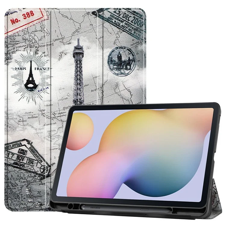 Pattern Printing Tri-fold Stand Leather Case with Pen Slot for Samsung Galaxy Tab S7 T870 / S8 - Eiffel Tower