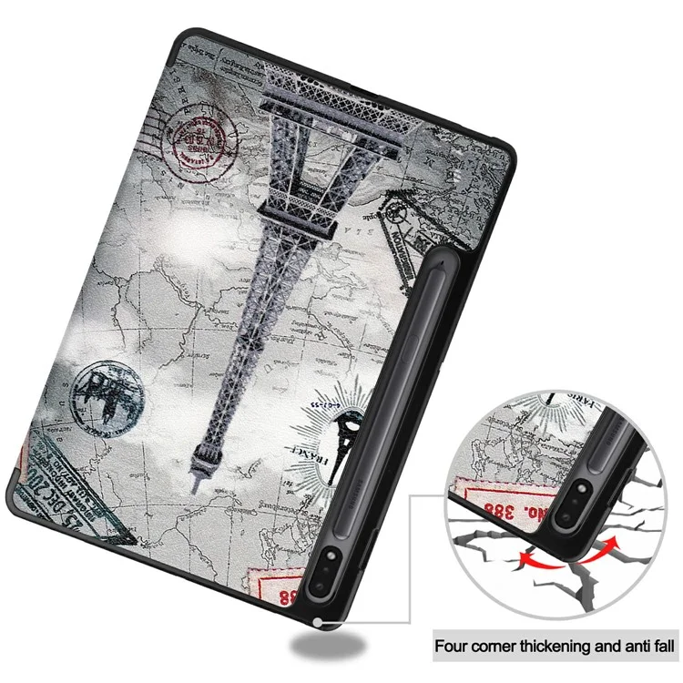 Pattern Printing Tri-fold Stand Leather Case mit Stiftfach für Samsung Galaxy Tab S7 T870 / S8 - Eiffel Tower