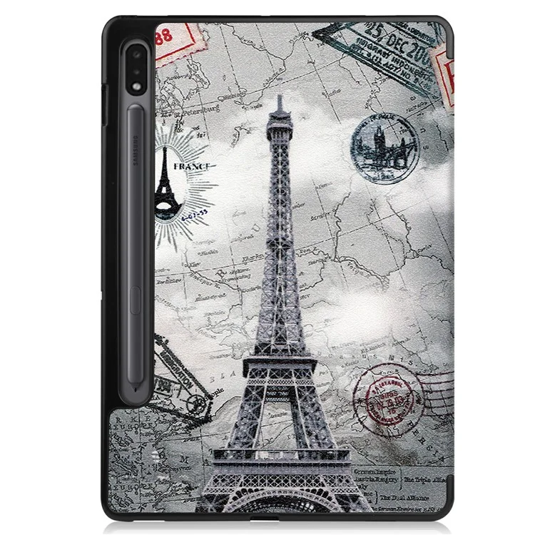 Pattern Printing Tri-fold Stand Leather Case with Pen Slot for Samsung Galaxy Tab S7 T870 / S8 - Eiffel Tower