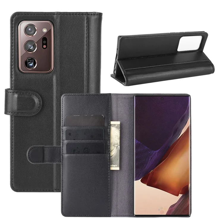 For Samsung Galaxy Note20 Ultra / Note20 Ultra 5G Phone Cases Genuine Split Leather Wallet Mobile Cover Stand - Black