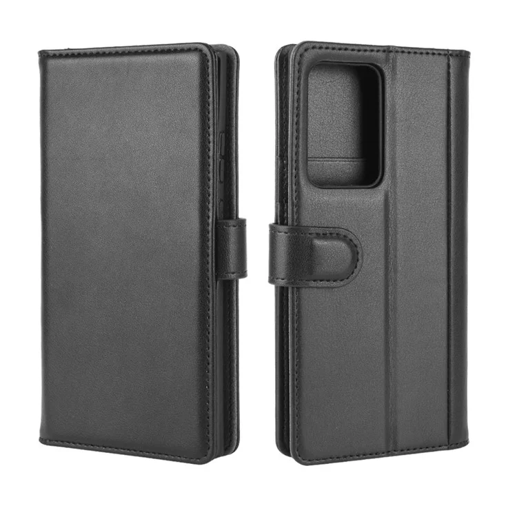 For Samsung Galaxy Note20 Ultra / Note20 Ultra 5G Phone Cases Genuine Split Leather Wallet Mobile Cover Stand - Black