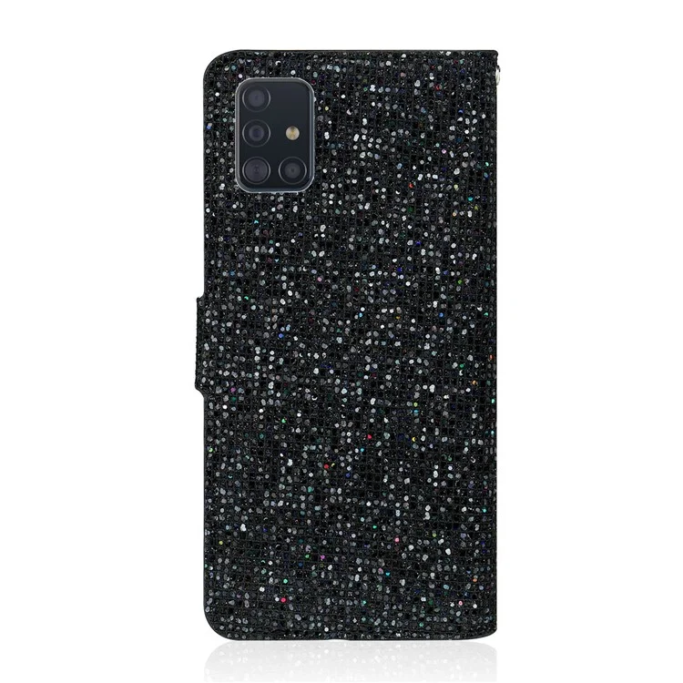 Caso Único de Cuero de Billetera de Empalme de Polvo Brillante Para Samsung Galaxy A51 SM-A515 - Negro