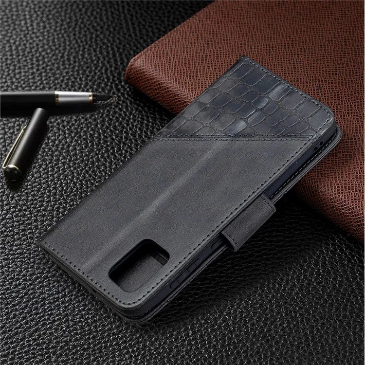 Portefeuille en cuir de peau de crocodile de style assorti de couleurs pour Samsung Galaxy A31 - Noir