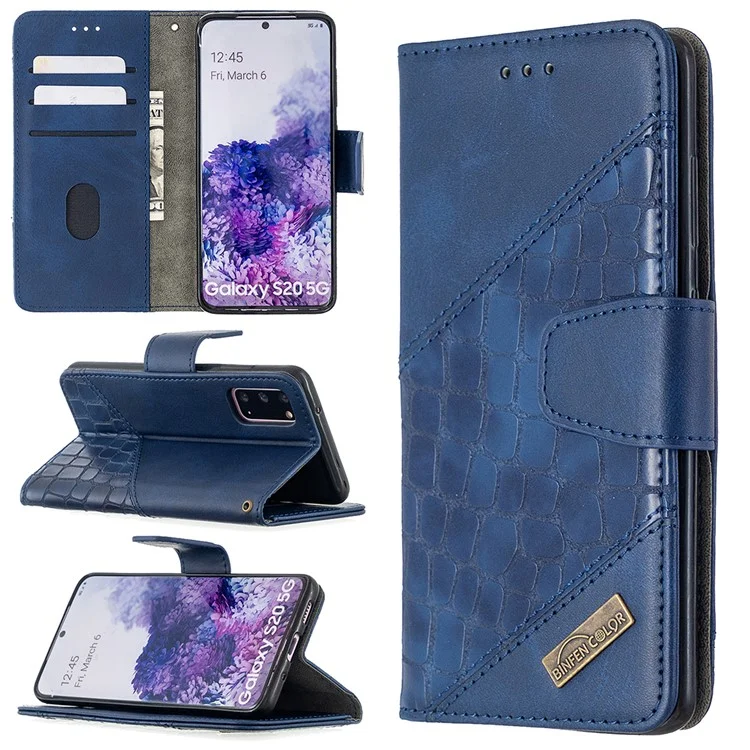 Caixa de Couro Com Estilo de Cor de Cor da Pele de Crocodilo Para Samsung Galaxy S20 4G/S20 5G - Azul