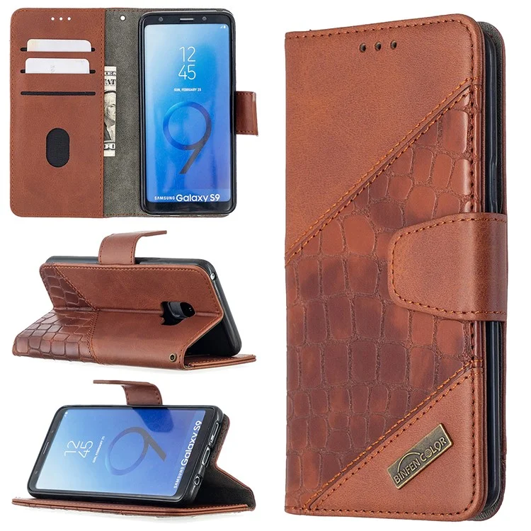 Crocodile Skin Assorted Color Style Leather Wallet Case for Samsung Galaxy S9 - Brown