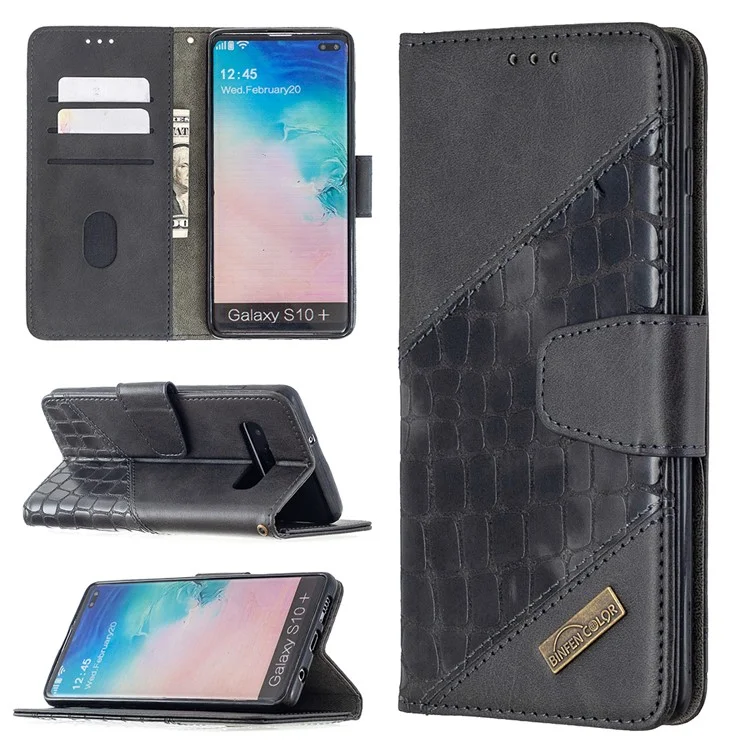 Caixa de Carteira de Couro de Estilo de Cor da Pele de Crocodilo Para Samsung Galaxy S10 Plus - Preto