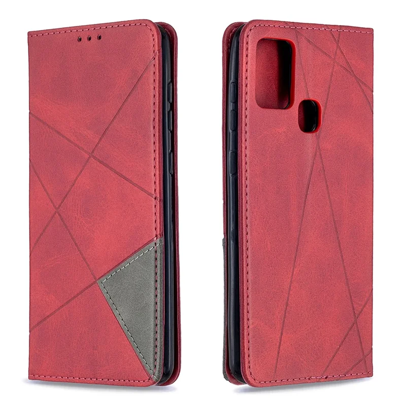 Geometrisch patroon stand huiden kaarthouder voor Samsung Galaxy A21s - Rood