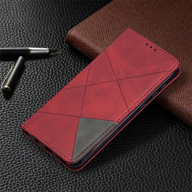 Geometrisch patroon stand huiden kaarthouder voor Samsung Galaxy A21s - Rood