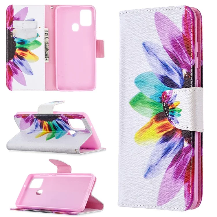 Impresión de Patrones Case de Billetera de Cuero Magnético Para Samsung Galaxy A21s - Pétalos Coloridos