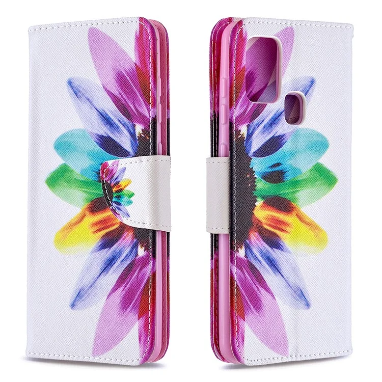 Impresión de Patrones Case de Billetera de Cuero Magnético Para Samsung Galaxy A21s - Pétalos Coloridos