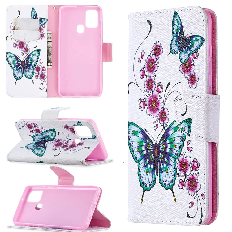 Pattern Printing Magnetic Leather Stand Case for Samsung Galaxy A21s - Butterfly and Flowers