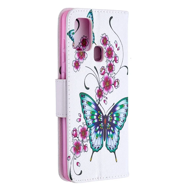 Pattern Printing Magnetic Leather Stand Case for Samsung Galaxy A21s - Butterfly and Flowers