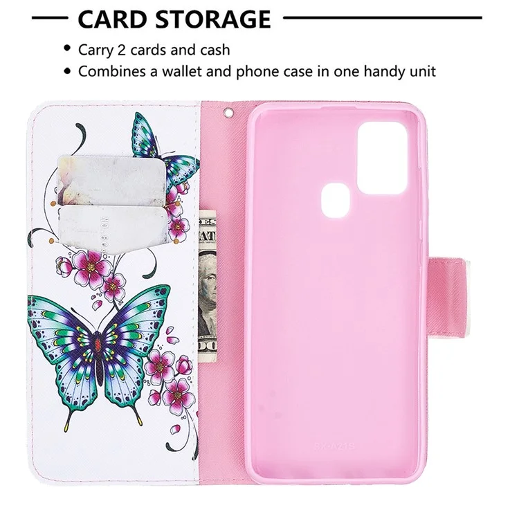 Pattern Printing Magnetic Leather Stand Case for Samsung Galaxy A21s - Butterfly and Flowers