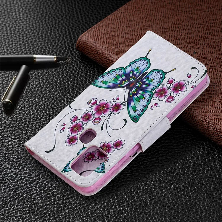 Pattern Printing Magnetic Leather Stand Case for Samsung Galaxy A21s - Butterfly and Flowers