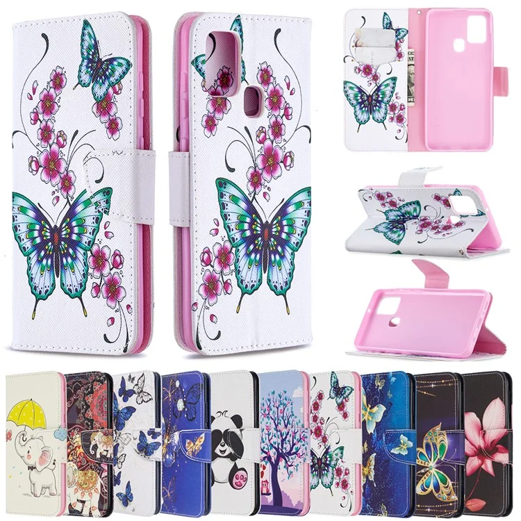 Pattern Printing Magnetic Leather Stand Case for Samsung Galaxy A21s - Butterfly and Flowers