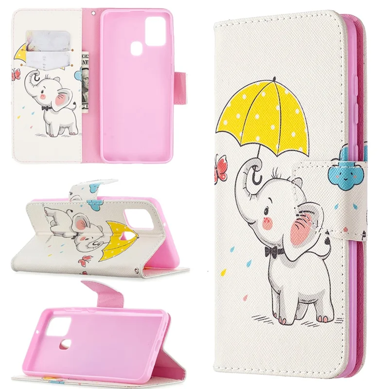 Pattern Printing Magnetic Leather Stand Case for Samsung Galaxy A21s - Elephant Holding an Umbrella