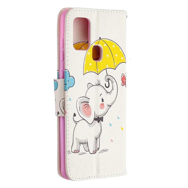 Pattern Printing Magnetic Leather Stand Case for Samsung Galaxy A21s - Elephant Holding an Umbrella