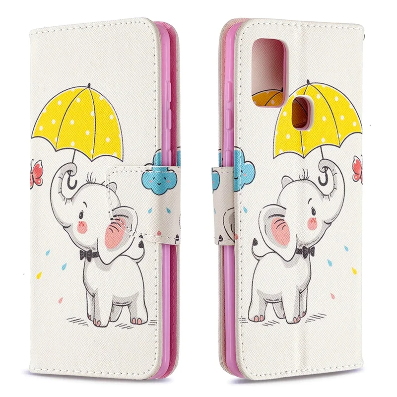 Pattern Printing Magnetic Leather Stand Case for Samsung Galaxy A21s - Elephant Holding an Umbrella