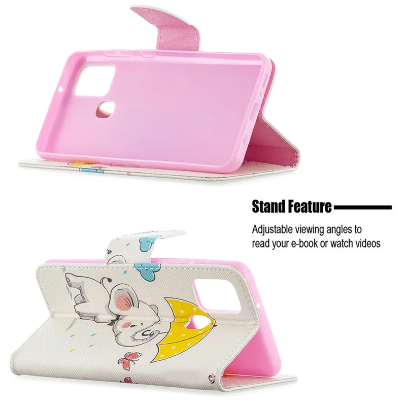 Pattern Printing Magnetic Leather Stand Case for Samsung Galaxy A21s - Elephant Holding an Umbrella