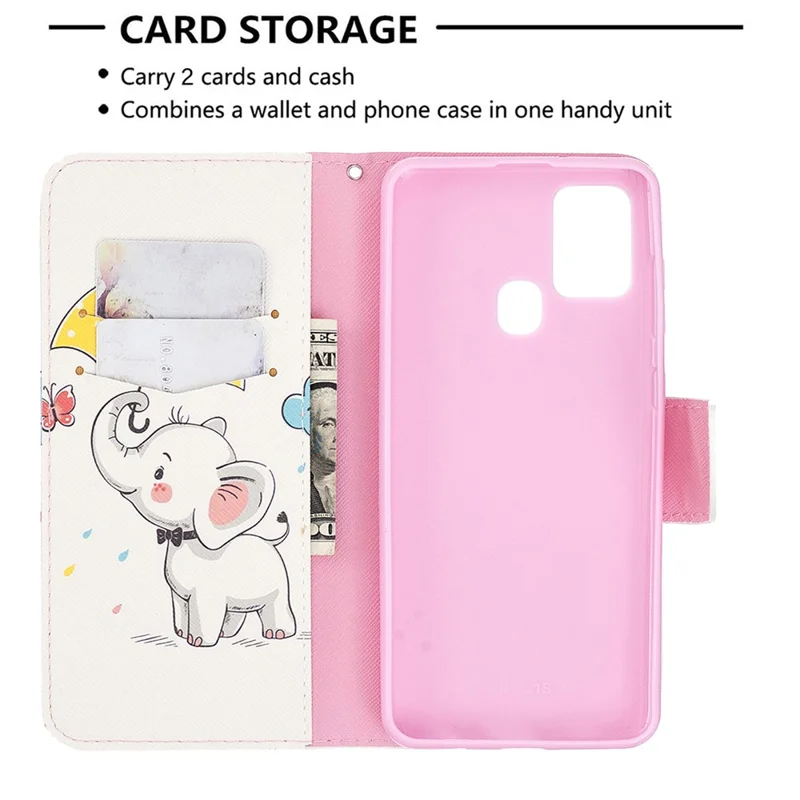Pattern Printing Magnetic Leather Stand Case for Samsung Galaxy A21s - Elephant Holding an Umbrella