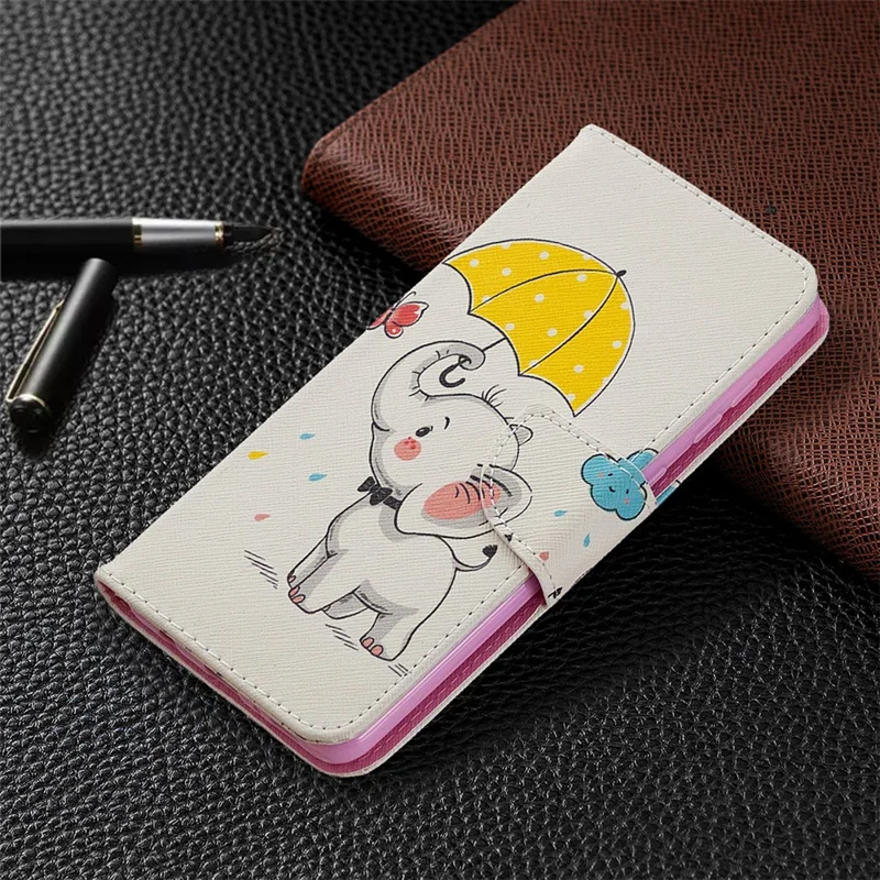 Pattern Printing Magnetic Leather Stand Case for Samsung Galaxy A21s - Elephant Holding an Umbrella