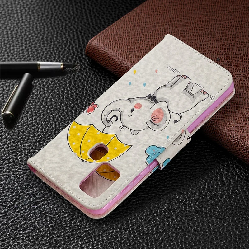 Pattern Printing Magnetic Leather Stand Case for Samsung Galaxy A21s - Elephant Holding an Umbrella