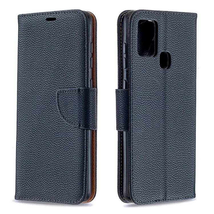 Case de Support en Cuir de Portefeuille de Peau Litchi Pour Samsung Galaxy A21s - le Noir