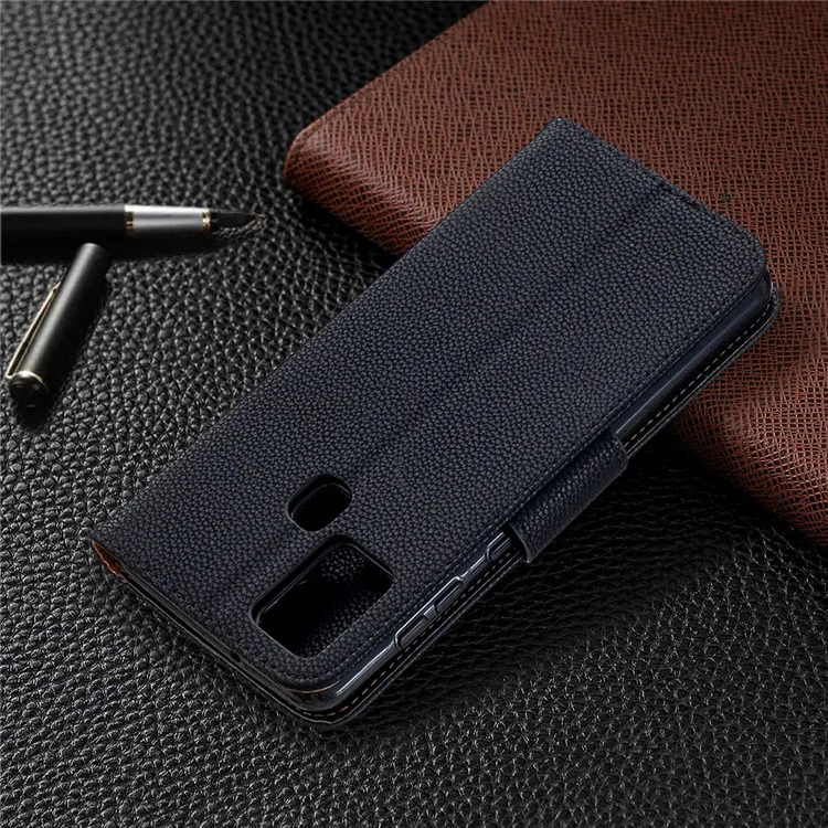 Case de Support en Cuir de Portefeuille de Peau Litchi Pour Samsung Galaxy A21s - le Noir