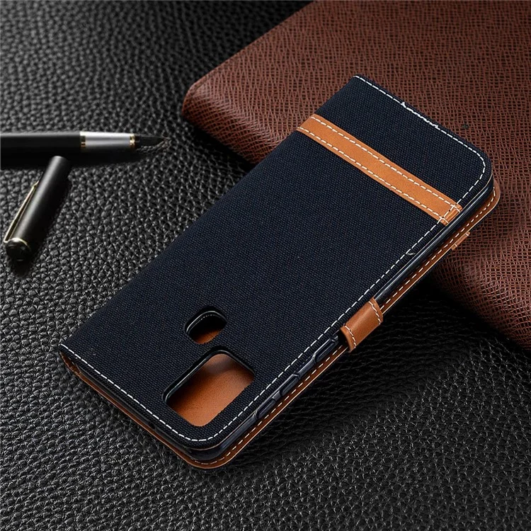 Farbspleißjeans Stoffoberfläche Ith Wallet Lederabdeckung Für Samsung Galaxy A21s - Schwarz