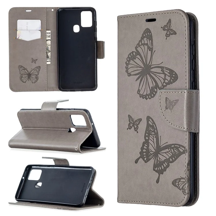 Imprint Butterfly Leather Wallet Case Для Samsung Galaxy A21s - Серый