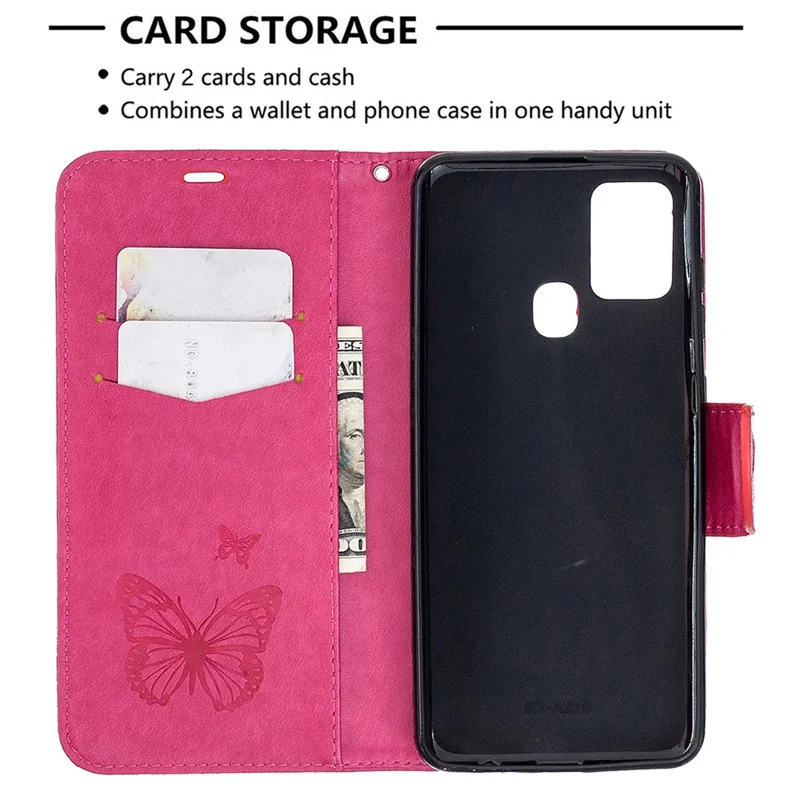 Imprint Butterfly Leather Wallet Case for Samsung Galaxy A21s - Rose