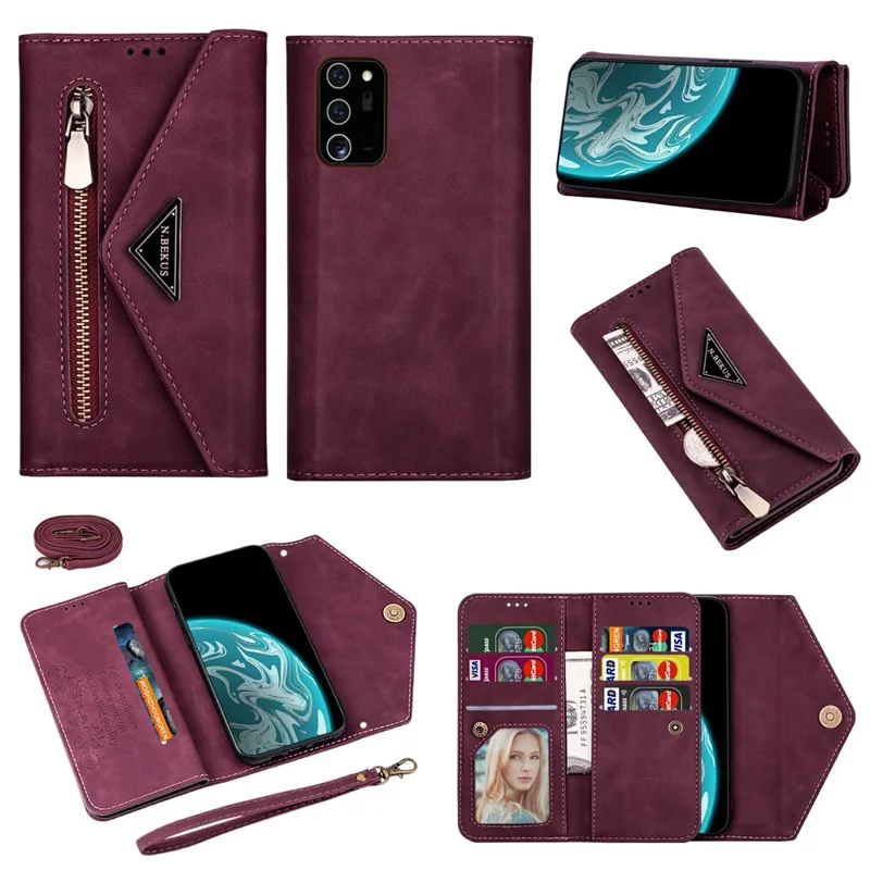 Zipper Cover Short/Long Strap for Samsung Galaxy Note20 Ultra/Note20 Ultra 5G - Wine Red