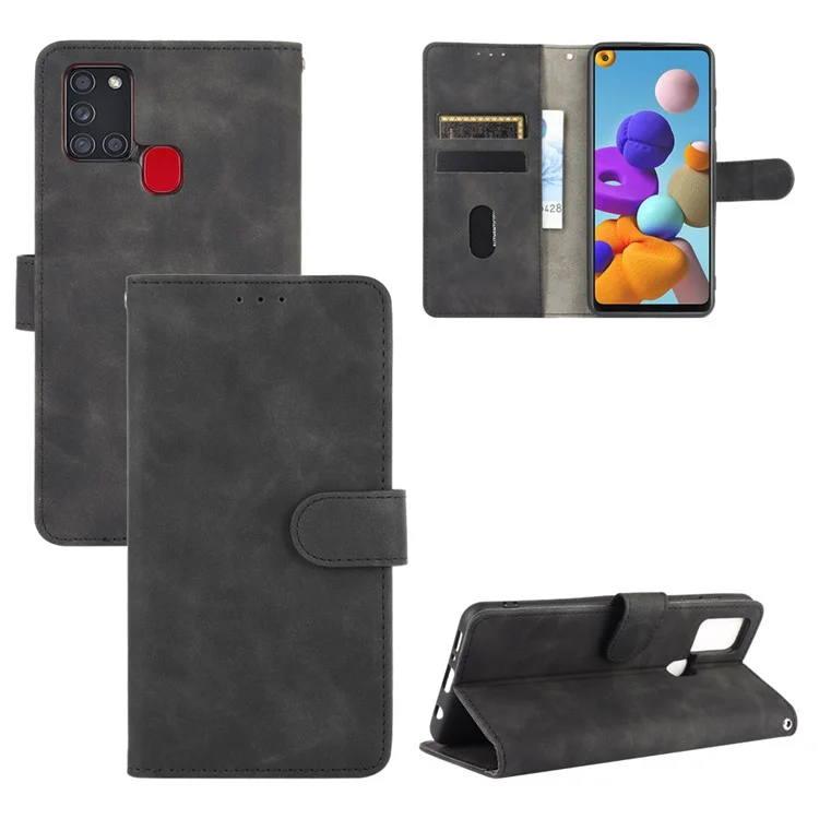 Skin-touch Wallet Stand Leather Flip Cover Case for Samsung Galaxy A21s - Black