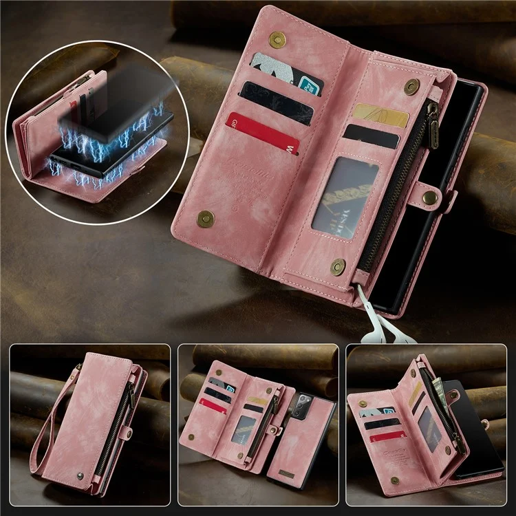 CASEME 008 Série pour Samsung Galaxy Note20 / Note20 5G Étui portefeuille en cuir PU détachable magnétique Fermeture éclair Etui Rabat Téléphone - Rose