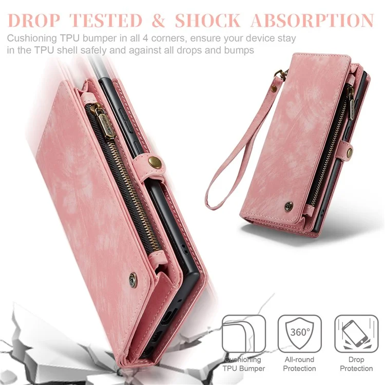 CASEME 008 Série pour Samsung Galaxy Note20 / Note20 5G Étui portefeuille en cuir PU détachable magnétique Fermeture éclair Etui Rabat Téléphone - Rose