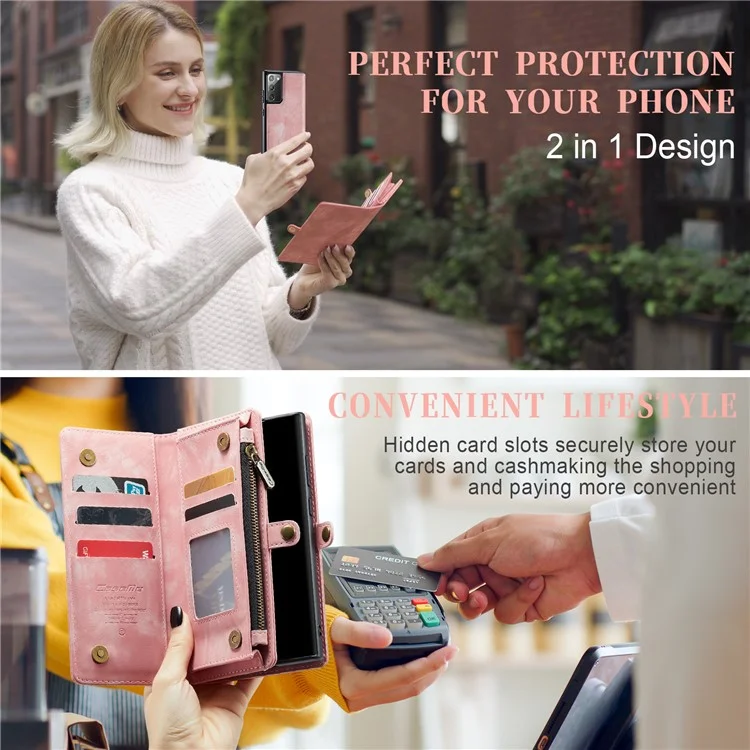 Caseme 008 -serie Für Samsung Galaxy Note20 / Note20 5G PU Leder Magnetabendbarer Hülle Reißverschluss Brieftasche Ständer Flip Telefonabdeckung - Rosa