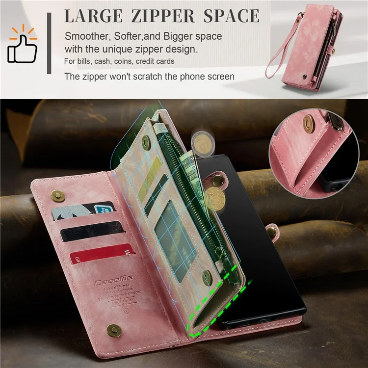 Caseme 008 -serie Für Samsung Galaxy Note20 / Note20 5G PU Leder Magnetabendbarer Hülle Reißverschluss Brieftasche Ständer Flip Telefonabdeckung - Rosa