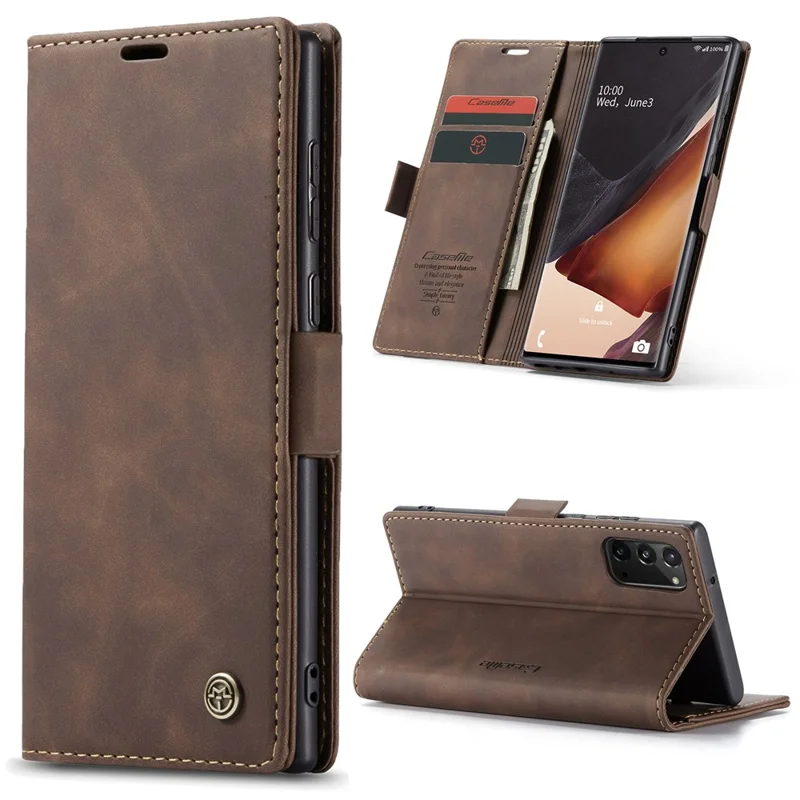 CASEME 013 Series Simplicity Auto-absorbed Leather Shell Wallet Case for Samsung Galaxy Note20/Note20 5G - Coffee