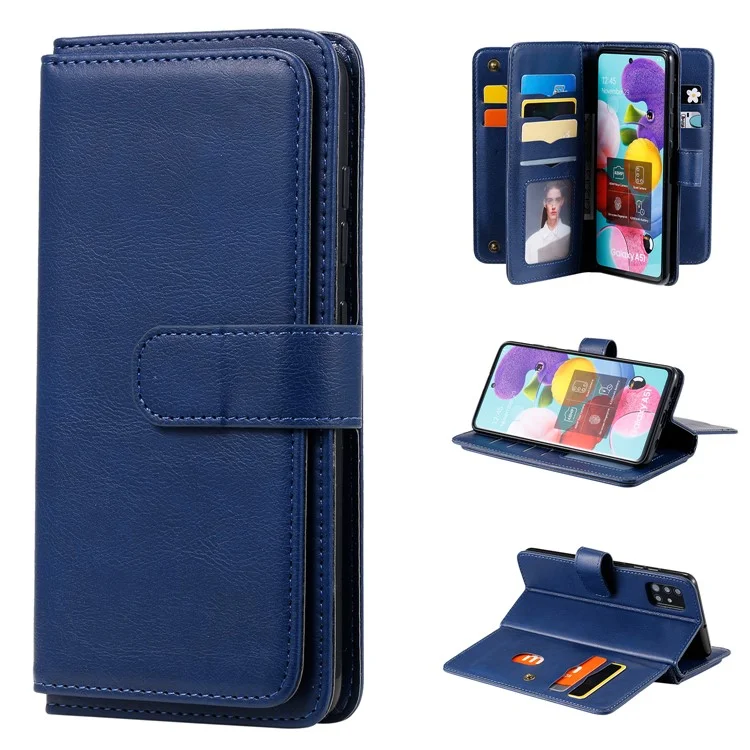 KT Multi-functional Series-1 10 Card Slots Leather Wallet Case for Samsung Galaxy A51 SM-A515 - Azul