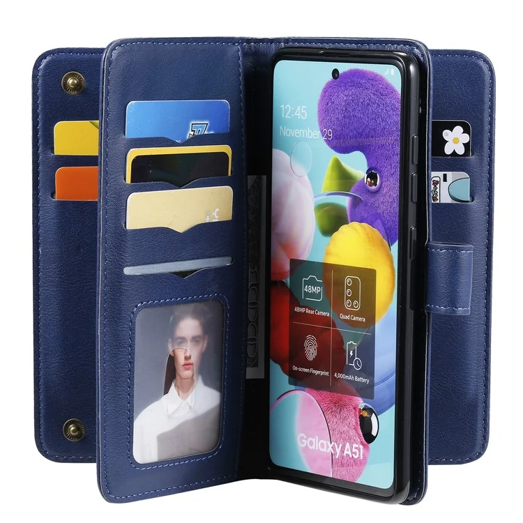 KT Multi-functional Series-1 10 Card Slots Leather Wallet Case for Samsung Galaxy A51 SM-A515 - Azul