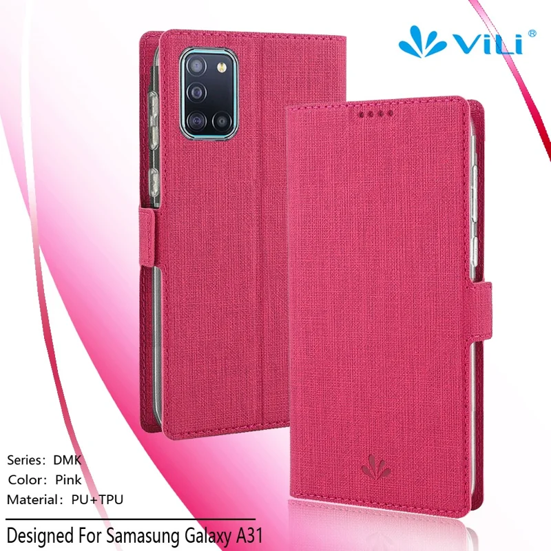 VILI DMK Cross Texture Double Magnetic Clasp Leather Wallet Case for Samsung Galaxy A31 - Pink