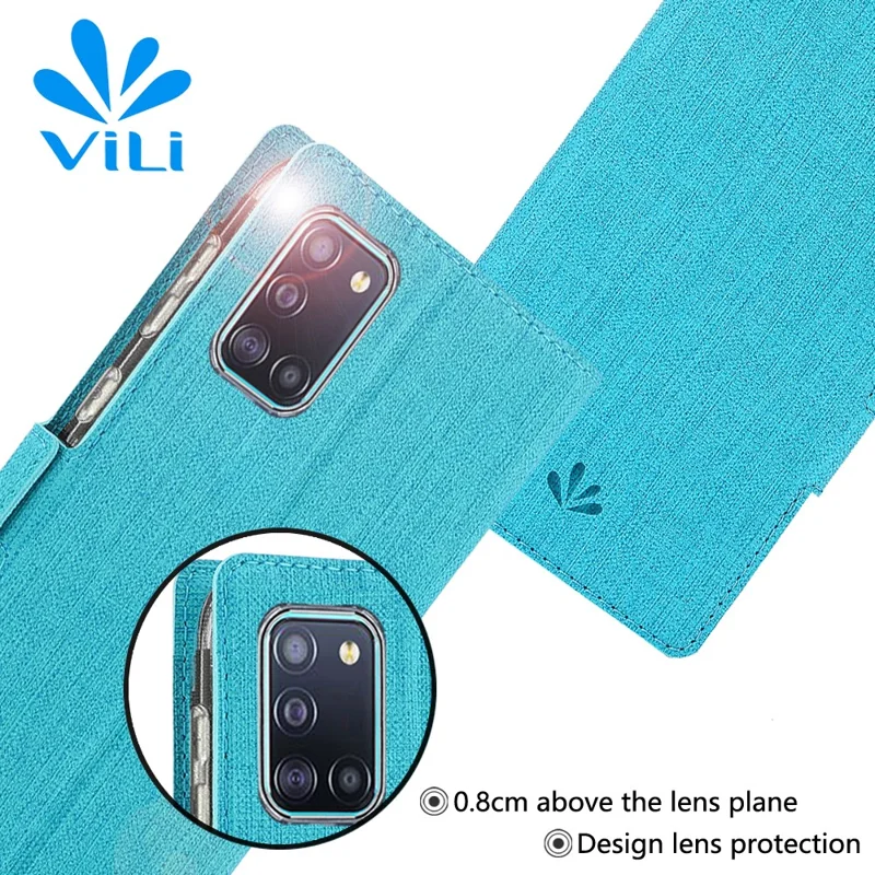 VILI DMK Cross Texture Double Magnetic Clasp Leather Wallet Case for Samsung Galaxy A31 - Blue