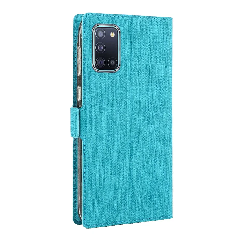 VILI DMK Cross Texture Double Magnetic Clasp Leather Wallet Case for Samsung Galaxy A31 - Blue
