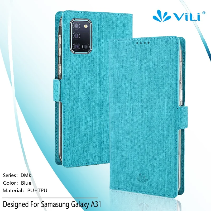 VILI DMK Cross Texture Double Magnetic Clasp Leather Wallet Case for Samsung Galaxy A31 - Blue