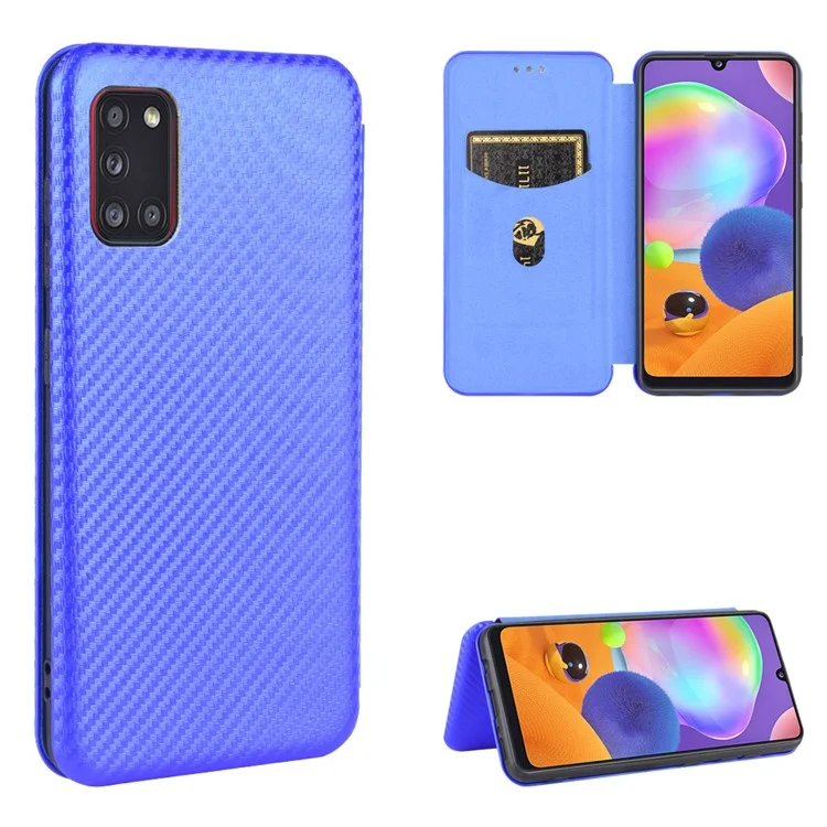 Shell in Pelle in Pelle in Fibra di Carbonio Per Samsung Galaxy A31 - Blu