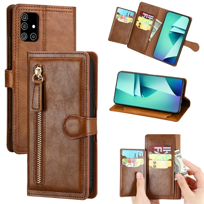 جراب جلد بمحفظة وجيوب بسحّاب للهاتف Samsung Galaxy A51 SM-A515 - بني