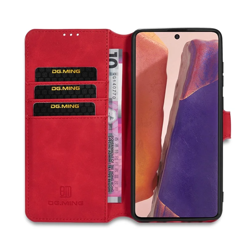 DG.MING Vintage PU Leather Wallet Stand Case for Samsung Galaxy Note20 4G/5G - Red