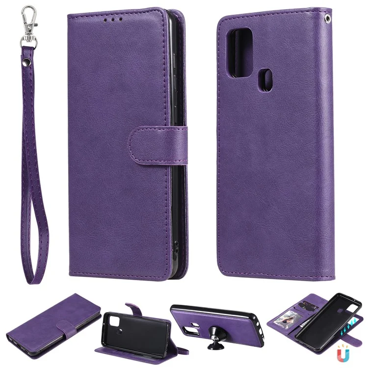 For Samsung Galaxy A21s Case 2 in 1 Detachable Magnetic Leather Wallet Mobile Cover with Strap - Purple